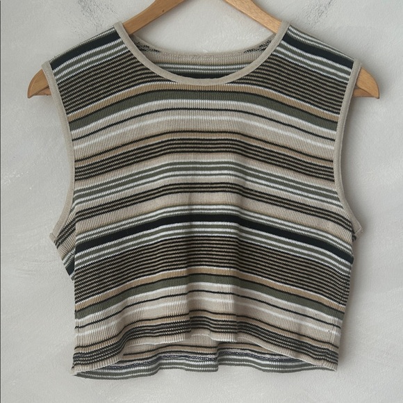 Vintage Tops - VINTAGE 90s Y2K Brown White RIBBED Textured STRIPED Sleeveless Sweater Vest